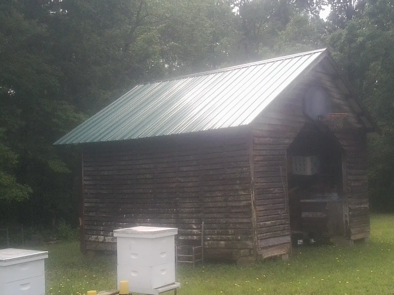 Green metal roof on a weathered barn beside stacked beehives in Salem